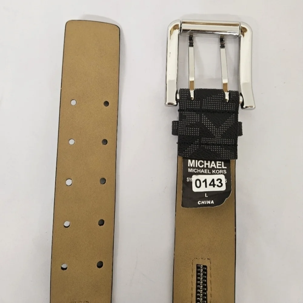 MICHAEL Michael Kors Black Monogram Zippered Belt Silver Tone Buckle Size Large